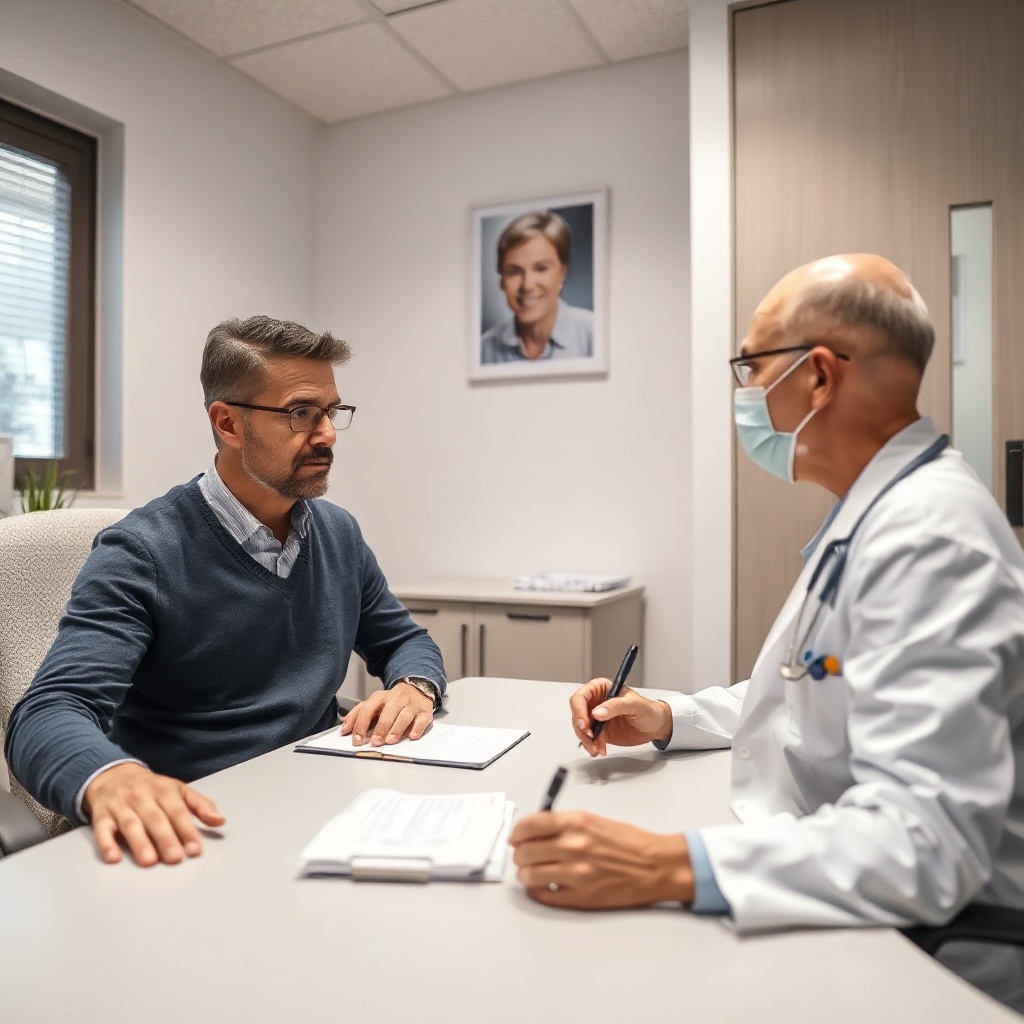 Patient consulting with a healthcare provider in a medical office to discuss erectile concerns