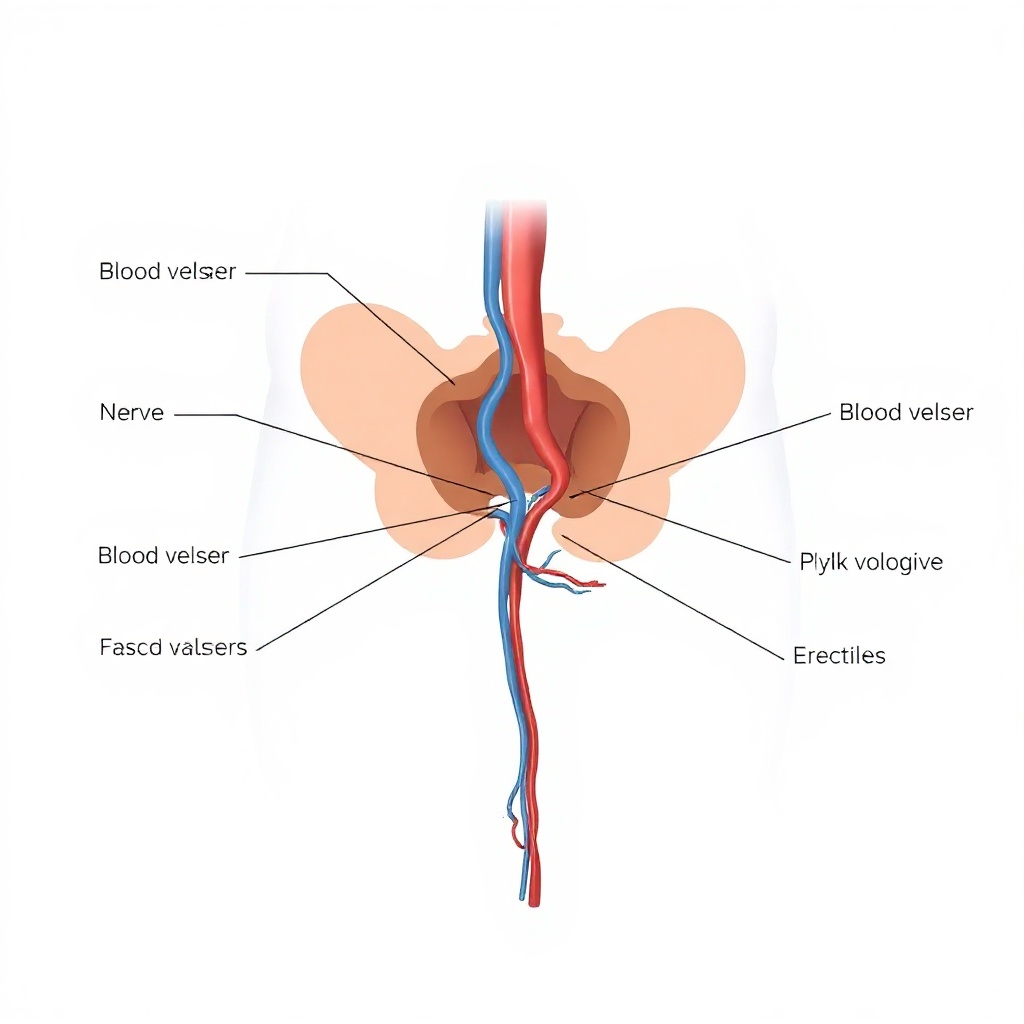 Clinical illustration of male pelvic anatomy showing blood vessels and nerves involved in erectile function