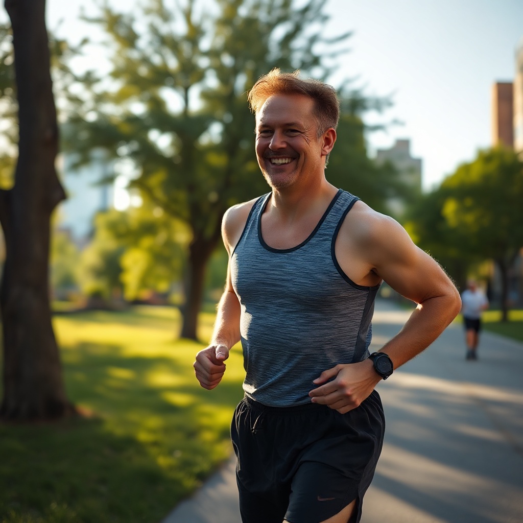 Man jogging in a park at sunrise, representing lifestyle factors that support sexual health